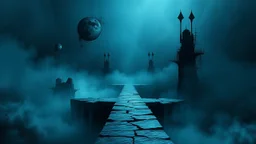passage over nothingness, surreal, dark and cold abstract artwork dominated by deep blue, icy cyan, charcoal black and muted steel-grey tones. An narrow passageway emerges from an abstract distorted weird landscape, surrounded by thick fog and drifting mist. The space feels nightmare, alien and unsettling, with floating circle and arrows geometric forms, black onix towers architectural fragmented and unnatural perspectives. At the center of the composition cracked stone way over abyss