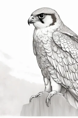 "Create an AI line art piece featuring the Peregrine Falcon, half body short, front short, one of nature's fastest and most agile predators. Capture the bird in flight, showcasing its incredible speed and grace. Highlight the intricate details of its feathers and the intensity in its eyes, embodying the essence of this magnificent raptor."