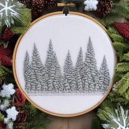 exquisite whimsical snowy forest in embroidery hoop, intricate, highly detailed, linen and wood backdrop