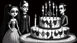 draw a birthday cake with logo number 23 or one candle 23 .Insanely detailed Addams Family movie still with Barbie dolls, art by tim burton