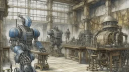 A gray mechanical factory with robots painted by Albrecht Durer