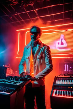 French cool synth player, he is called "Jean-Maurice Brûlée" performing at dance club, his name is "Jean-Maurice Brûlée" , white and orange Neon lights and orange smog, and "URANIUM" big sign on the wall, he is playing on synthesizers on stage with lot of laser beams and wearing black sunglasses, an earth is projected in background