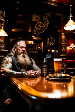 full body shot photography of a burly tired muscular beefy stocky viking tattoed 48 years old, lying down relaxing on a table full of glasses of beer, in irish pub, manly chest, shirtless, hairy torso, dressed wth traditional dress,, long hair, long beard, emotive eyes, big shoulders, ambient occlusions, photorealistic , aerial view