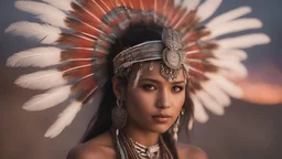 Photoreal close-up of an unearthly gorgeous indigenous godlike mayan girl adorned in clothes adorned with feathers that flutter with every step exuding beauty sitting by a desert campfire in the late evening fog rising behind her, otherworldly creature, in the style of fantasy movies, shot on Hasselblad h6d-400c, zeiss prime lens, bokeh like f/0.8, tilt-shift lens