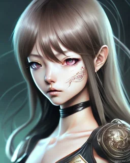 Detailed cute anime Kunoichi girl, brown hair and green eyes, black latex bodysuit, intricate details, full body portrait, keep head in frame, slight smile, black Japanese motif, concept art, highly detailed, digital painting, concept art, sharp focus, illustration, art by Yoji Shinkawa, WLOP and greg rutkowski and alphonse mucha and artgerm and yanjun Chen and Junji ito and Makoto Shinkai, HDR, octane render