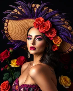 Photorealism Studio lightning perfection body beautiful pretty supermodel luxury glamours makeup artistic,wearing adorned large hat Mariachi mexican fashion Adorned Majestic feathers, fiery purples, deep blues, stark black bg, assortment of roses, full bloom, yellow, red, contrast, artistic flair, intricate details, textures, natural beauty, harmonious blend, adorned flowers background