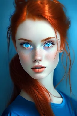 girl with red hair in two ponytails, blue eyes, makeup on her face, flirty look, blue shirt