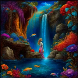 . Rose fruit trees, imaginative landscapes and sophisticated cities. Waterfalls. And an underwater lake with ornamental fish, coral and precious stones. The sky is decorated with stars perfect anatomy, fantasy, vibrant digital art professional award winning masterpiece, oil on canvas Atmospheric extremely detailed Josephine Wall