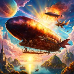 A zeppelin flying in a fantasy sky next to fantasy creatures. Light, Sunset, Happy, Fantasy. Magical. Epic. Dramatic, highly detailed, digital painting, masterpiece