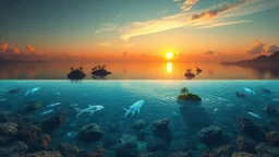 Surreal infinity pool that defies the laws of physics, extending in all directions like a boundless water plane, water with perfect transparency revealing underwater constellations and luminous creatures swimming between dimensions, floating islands with tropical vegetation scattered like oases in the watery void, perpetual sunset with multiple suns creating chromatic plays on the surface, magical realism style with elements of contemplative science fiction