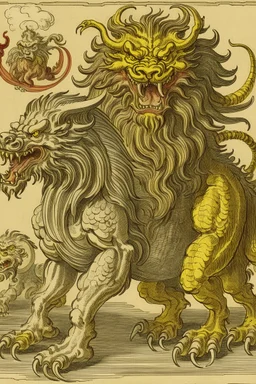 A three-headed dragon with the head of a lion, the head of a man, and the head of a bull