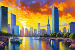 Amazing sunset, buildings, lake, rocks, distant city, trees, sci-fi, claude monet impressionism paintings