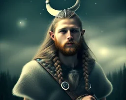 a sad and lonely viking looking up at the stars at night, hyper realistic, 8k, insane detail, atmospheric background, crying eyes, big fur coat, long braided hair, sharp focus, soft background, dynamic lighting, viking helmet, night time