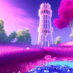 Blue cristal tower in a flowery countryside, glitter pink in a galactic ambiance, delicate colors in the foreground, full of details, smooth, light effect，vaporwave colorful, smooth, extremely sharp detail, finely tuned detail, ultra high definition, 8 k, unreal engine 5, ultra sharp focus