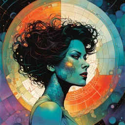 create a wildly abstract and chaotic illustration of an amorphous woman utilizing elements of Sacred Geometry, in the comic book art style of Bill Sienkiewicz, Mike Mignola, and Jean Giraud Moebius, finely textured, drawn, colored, and inked