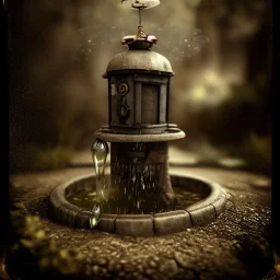 a fairy fountain, scary, steam punk, realistic, made in octane, cinematic, ultra-realistic, extremely detailed octane rendering, 8K, VRAY Super Real ar 2:3, dof photorealistic futuristic 50mm lens hard lighting dark gray tintype photograph, realistic lighting, sepia color