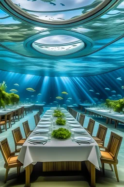 luxury eco resort underwater restaurant in hawaii with many tables