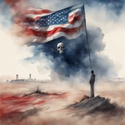 Watercolor and pen illustration, double exposure Dustbowl American elegy, a shadow on your grave representing a macabre death of a nation's dreams and compromised ideals, faint apparitional image of waving tattered red white and blue tinged American Flag on the horizon, sinister, dynamic composition, plumes of smoke in distance, complex contrast, CGSociety, 3d shading