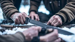 close up photo frrom two large male hands sharpen a knife with another knife , high detailed, sharp focuses, photorealistic, in background blur villager place, snowy yard