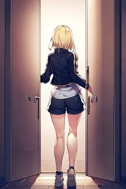 blonde girl with short jacket and shorts runs in a corridor in front at a mystery door, back view, line arts, manga style