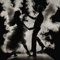 a dancing couple made of smoke, forming from a fireplace, thick smoke, puffy smoke