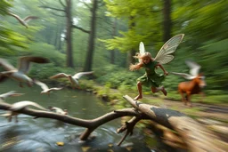 oil painting ,motion blur running caped long haired pixie Quickling - Forgotten Realms dodging geese above water and along winding branches in lush green forest along speeding horses , bokeh like f/0.8, tilt-shift lens 8k, high detail, smooth render, down-light, unreal engine, prize winning