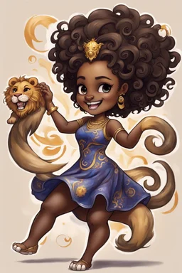 A fearless curvy dark-skinned airbrushed chibi swishes her lion tail excitedly, wearing a dress decorated with the Leo astrology symbol. With mane-like hair wild with curls, she smiles wide, showing off fangs. She stands arms and legs spread, steadfast as a lioness, demonstrating Leo courage and leadership.