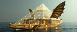 benign transparent superwood alien mega scifi pyramid katamaran ark boat with superwood draw bridge and wing doors