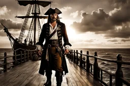 Pirate stands defiantly on a creaking wooden pirate ship deck, ocean horizon stretching behind, tattered sails billowing in the brisk sea wind, sunset casting an amber glow over the scene, high contrast, sharp textures, dramatic lighting, digital painting, crepy stunning, film noir