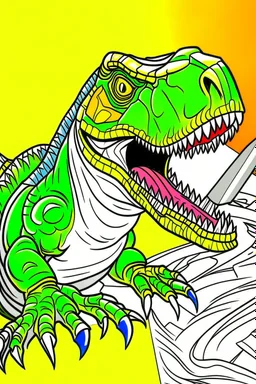 create a coloring page: Show a T-Rex raising its claws in a threatening display to ward off intruders from its territory. Kids can color the claws with sharp, contrasting colors to make them stand out. ink drawing clipart, simple line illustrations, colored