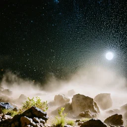 A striking quality Kodak photograph captures a wasteland with liquid and stars, Amano, Audubon, creepy, details of the dust and liquids very accentuated, glossy organic mass, vegetation, adorned with minerals and rocks. Bathed in intense light, eerie, Max Ernst style, white sun, fog