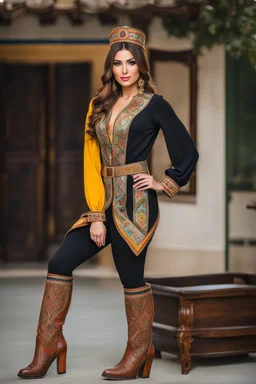 full body ,very beautiful lady in Azerbaijani short costume standing with long boots