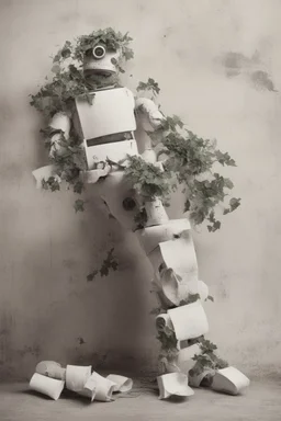 rollerflex photograph 1950s, dusty, robot made from toilet paper and infected with ivy, 4k, no