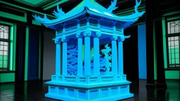 A cyan color lightning temple designed in German folk art painted by Andy Warhol