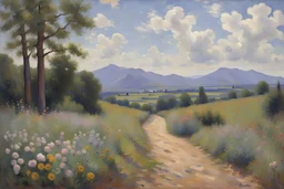 Sunny day, clouds, flowers, mountains, rocks, trees, epic, gustave caillebotte impressionism paintings
