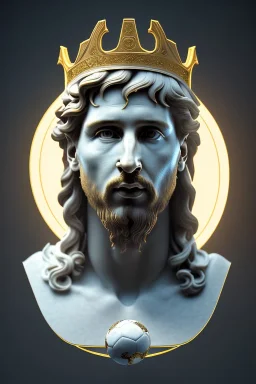 Ultra Realistic image, classical renaissance sculpture, white marble material, Lionel Messi, sun radial crown, chisel style, waist up portrait, epic, celestial, gold, cinematic lighting, God light, god rays, 4k resolution, smooth details, ornate details, soft lighting, unreal engine 5, marble background.