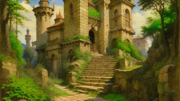 Painting by Frank Frazetta and Marianne North and Warwick Goble, Bernie Wrightson. We see an entrance to a castle. There is a staircase leading to an entrance gate, with on either side fat crooked trees. on either side by windows, the castle is built with large protruding uneven cobblestones rocks of different color and size. High resolution, intricate detail.
