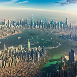 Aerial view of city on a (((twin planet))) of Earth in another galaxy, showing a diverse community. The skyline is dominated by tall skyscrapers with modern futuristic architectural designs, the streets are filled with people from diverse backgrounds. In the distance, a majestic bridge crosses a river and connects the city with a beautiful park on the other side. 8k