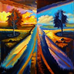 two roads diverged , art, oil colors, bright