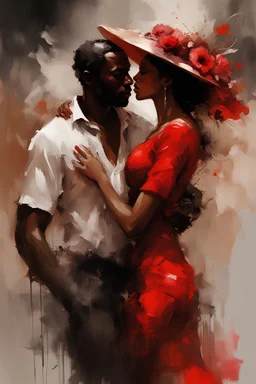 1 dark African man red workout and hat holding a beautiful woman in bright floral dress in .loveSpeedpaint_with_large_brush_strokes_ by Deymonaz,Jeremy Mann, Jeremy Mann, Pino Daeni, Alphonse Mucha, Alex Maleev and Liz Gael, oil splash, Paint Strokes,ink drip