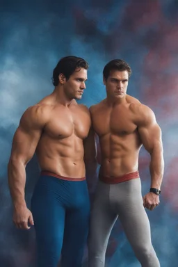 Christopher Reeve/Henry Cavill/David Corenswet ((Superman)), new 52, extremely huge, overexaggerated muscles, posing and flexing in a front of the camera, random extreme action poses, an extremely colorful, multicolored foggy blue marble wall in the background with a colorful marble tile floor, multicolored lightning,