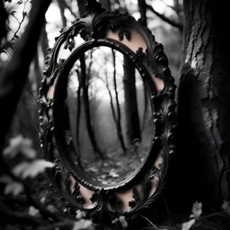 A stunning hyperrealistic photograph of mirrors amidst a heavy and dark black and white blurred brush strokes. The mirror's intricate details are captured in exquisite detail, showcasing the beauty of nature. The contemplative and serene atmosphere of the scene is enhanced by the film-like quality of the 35mm photograph, with a subtle granular texture adding depth and warmth.