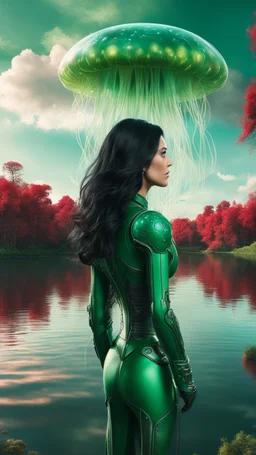 Photorealistic Photo Of A long black-haired woman in a green robot suit, Looking Out Over A Lake With jellyfish with red Tentacles, Tall Narrow Cloud Trees In The distance with an alien sky