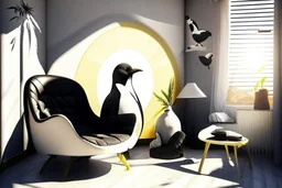 penguin shaped and penguin coloured (black and white) armchair in a modern room, with human feet decorated wallpaper in the background in sunshine