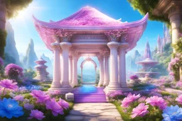 tempio magico di un altro pianeta con tetto aperto in stile ferico con natura e fiori rosa e azzurri e cristalli e gemme in giardino con due colonne di luce e cielo aperto luminoso.