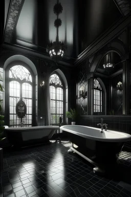 Design the interior decoration of a bathroom with a lot of natural light and modern with a dark color theme in Gothic style