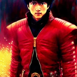 portrait of 'kaneda motorcycle-akira(1988)',ancient japanese armor, painting by gaston bussiere, greg rutkowski, yoji shinkawa, yoshitaka amano, tsutomu nihei, donato giancola, tim hildebrandt, evan lee,oil on canvas, cinematic composition, extreme detail,fit full head inside picture,16k