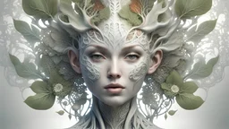 3D render ultra detailed of a beauty white glossy, swoman DRYAD, from knee to head, biomechanical cyborg, analog, 35 mm lens, beautiful natural soft rim light, big leaves and stems, roots, fine foliage lace, colorful details, samourai, earring, heavely tattoed, intricate details, mesh wire, mandelbrot fractal, facial muscles, cable wires, microchip, badass, hyper realistic, ultra detailed, octane render, volumetric lighting, 8k post-production, red and white, detailled metalic bones, semi human
