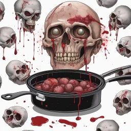 A cooking pan full with blood and guts and human remains head eyes balls