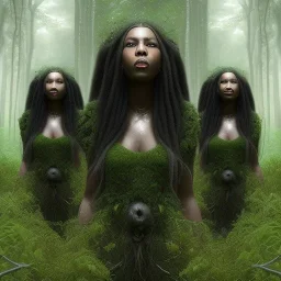 4K. Ultra real photo.three black women. Three Dark skin black women .three women. A mother. Two daughter. Twins. A mother with her children. three young black women. wood nymphs emerging from the forest. Her hair looks like vines. Dreadlocs. Her skin is the colour of dark soil. Her skin looks like tree bark. Her clothing is made of vines, grass and leaves.